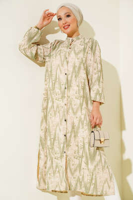 Pazarium - Desenli Metal Düğmeli Uzun Gömlek Yeşil