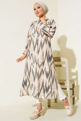 Pazarium - Desenli Metal Düğmeli Uzun Gömlek Siyah