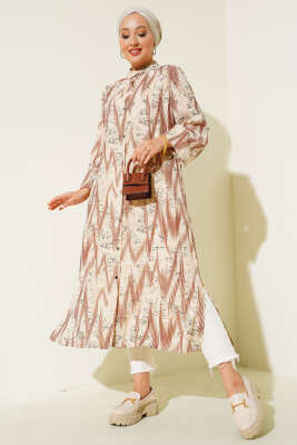 Desenli Metal Düğmeli Uzun Gömlek Kahve - Thumbnail