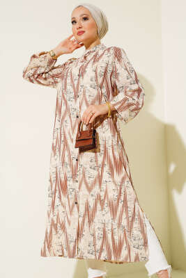 Desenli Metal Düğmeli Uzun Gömlek Kahve - Thumbnail