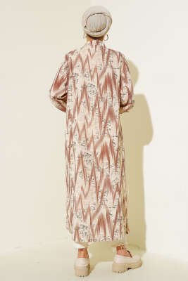 Desenli Metal Düğmeli Uzun Gömlek Kahve - Thumbnail