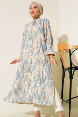 Desenli Metal Düğmeli Uzun Gömlek İndigo - Thumbnail