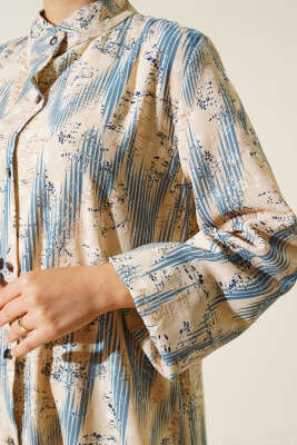 Desenli Metal Düğmeli Uzun Gömlek İndigo - Thumbnail