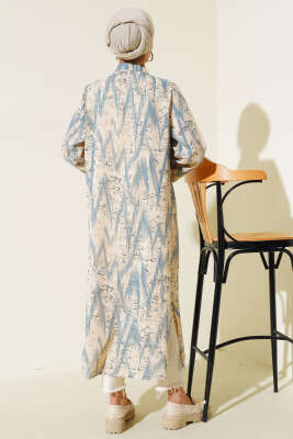 Desenli Metal Düğmeli Uzun Gömlek İndigo - Thumbnail