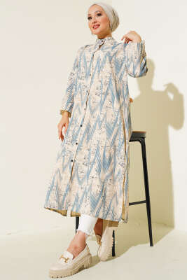 Desenli Metal Düğmeli Uzun Gömlek İndigo - Thumbnail