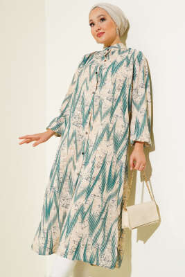 Pazarium - Desenli Metal Düğmeli Uzun Gömlek Zümrüt