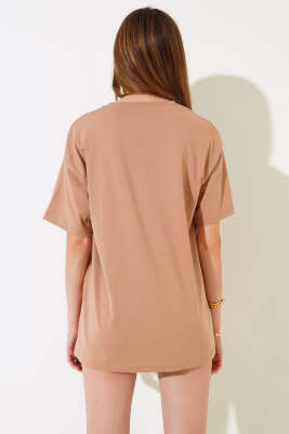 Cep Baskılı T-shirt Latte - Thumbnail