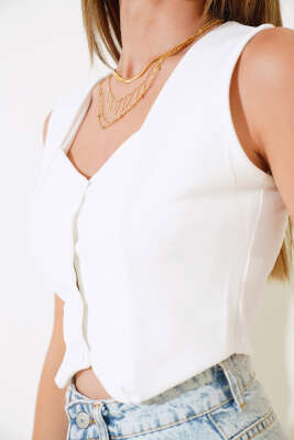 Düğmeli Kruvaze Yelek Ekru - Thumbnail