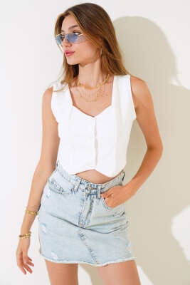 Düğmeli Kruvaze Yelek Ekru - Thumbnail