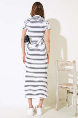 Çizgili Kısa Kol Elbise Beyaz - Thumbnail