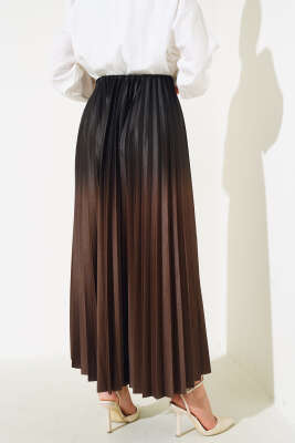 İki Renkli Pileli Etek Kahve - Thumbnail