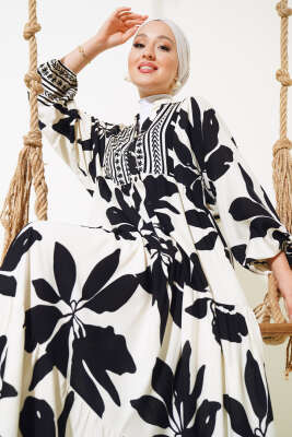 Desenli Yarı Patlı Elbise Siyah - Thumbnail