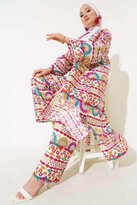 Pazarium - Kol Lastikli Salaş Kimono Takım Gökkuşağı