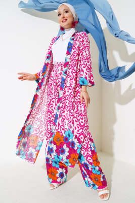 Pazarium - Kol Lastikli Salaş Kimono Takım Fuşya