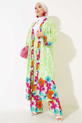 Pazarium - Kol Lastikli Salaş Kimono Takım Fıstık Yeşili