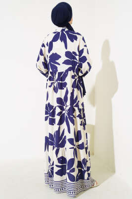 Desenli Yarı Patlı Elbise Lacivert - Thumbnail