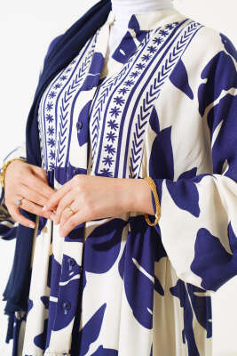 Desenli Yarı Patlı Elbise Lacivert - Thumbnail