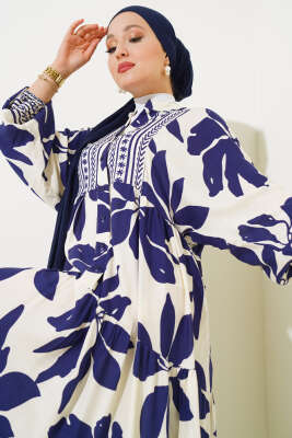 Desenli Yarı Patlı Elbise Lacivert - Thumbnail