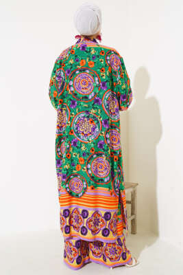 Etnik Desen Kimono İkili Takım Zümrüt Yeşili - Thumbnail