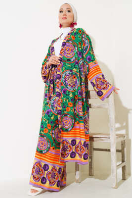 Pazarium - Etnik Desen Kimono İkili Takım Zümrüt Yeşili