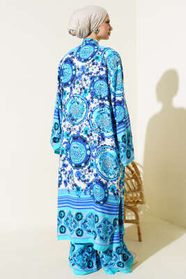 Etnik Desen Kimono İkili Takım Mavi - Thumbnail