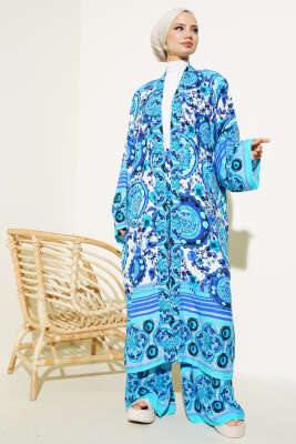 Etnik Desen Kimono İkili Takım Mavi - Thumbnail