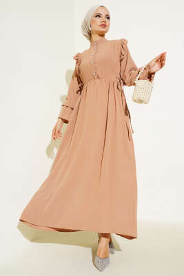 Pazarium - Bel Lastikli Ayrobin Elbise Camel