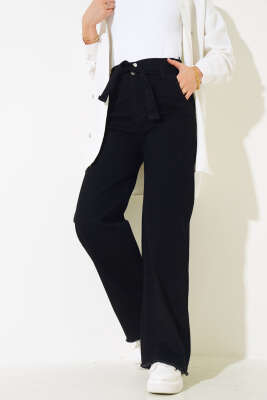 Kuşaklı Paça Püsküllü Kot Pantolon Siyah - Thumbnail