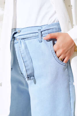 Kuşaklı Paça Püsküllü Kot Pantolon Kot Mavisi - Thumbnail