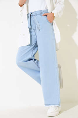 Kuşaklı Paça Püsküllü Kot Pantolon Kot Mavisi - Thumbnail