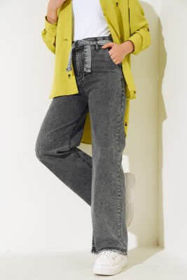 Kuşaklı Paça Püsküllü Kot Pantolon Füme - Thumbnail