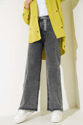 Kuşaklı Paça Püsküllü Kot Pantolon Füme - Thumbnail