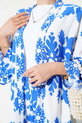 Etnik Desen Kimono İkili Takım Saks Beyaz - Thumbnail