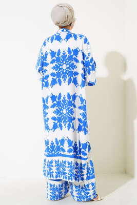 Etnik Desen Kimono İkili Takım Saks Beyaz - Thumbnail