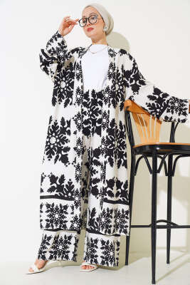 Pazarium - Etnik Desen Kimono İkili Takım Siyah Beyaz