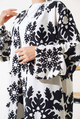 Etnik Desen Kimono İkili Takım Siyah Beyaz - Thumbnail