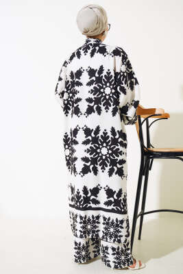 Etnik Desen Kimono İkili Takım Siyah Beyaz - Thumbnail