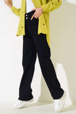 Pazarium - Bel Lastikli Çift Düğmeli Kot Pantolon Siyah