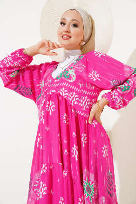 Pazarium - Desenli V Yaka Elbise Fuşya