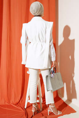 Beli İpli Yelek Ekru - Thumbnail