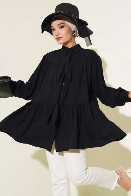 Fiyonklu Fırfırlı Gömlek Siyah - Thumbnail