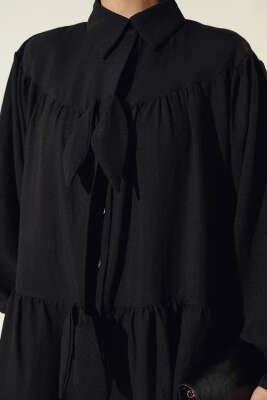 Fiyonklu Fırfırlı Gömlek Siyah - Thumbnail