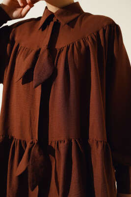 Fiyonklu Fırfırlı Gömlek Kahve - Thumbnail