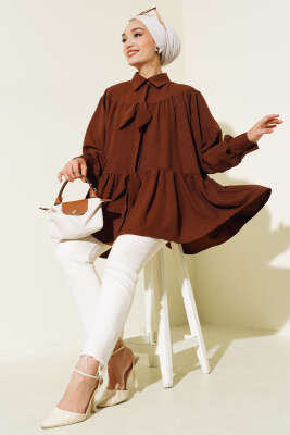 Fiyonklu Fırfırlı Gömlek Kahve - Thumbnail