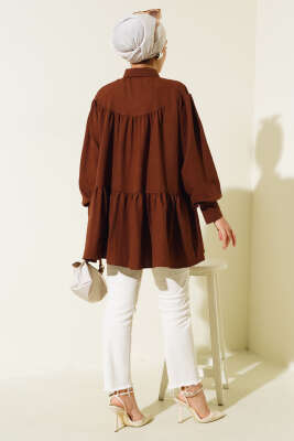 Fiyonklu Fırfırlı Gömlek Kahve - Thumbnail