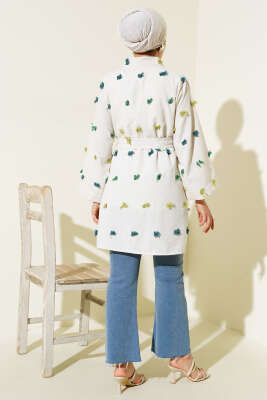 Püskül Detaylı Keten Kimono Yeşil - Thumbnail