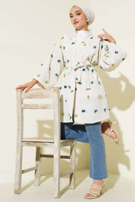 Püskül Detaylı Keten Kimono Yeşil - Thumbnail