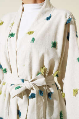 Püskül Detaylı Keten Kimono Yeşil - Thumbnail