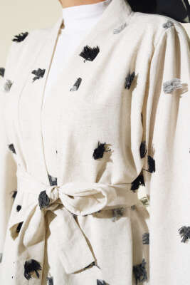 Püskül Detaylı Keten Kimono Siyah - Thumbnail