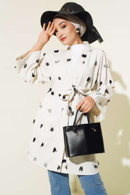 Püskül Detaylı Keten Kimono Siyah - Thumbnail